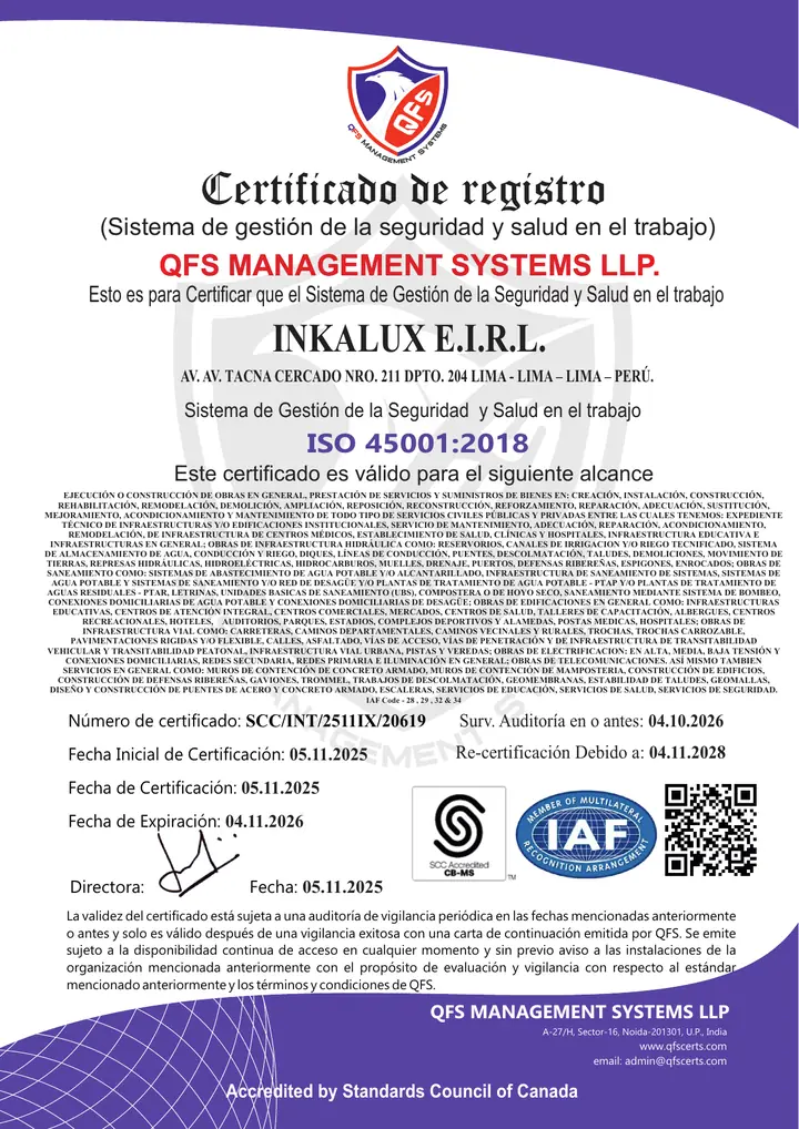 Certificado ISO 45001:2018 INKALUX Certificado ISO 45001:2018 Sistema de Gestión de Seguridad y Salud en el Trabajo de INKALUX