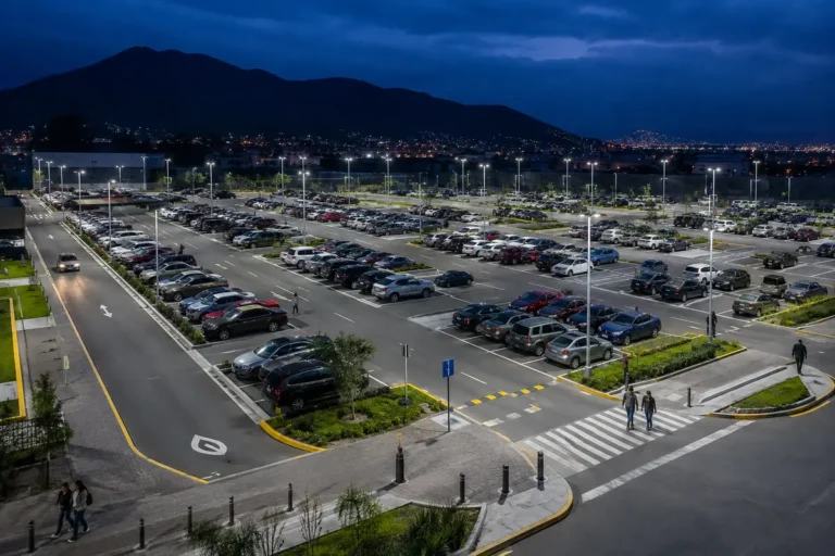 Estacionamiento exterior iluminado uniformemente con luminarias LED.