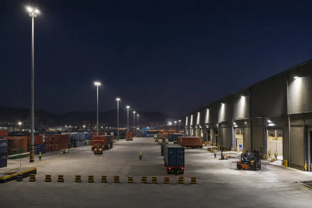 Patio logístico exterior iluminado con proyectores LED y luminarias de gran altura.