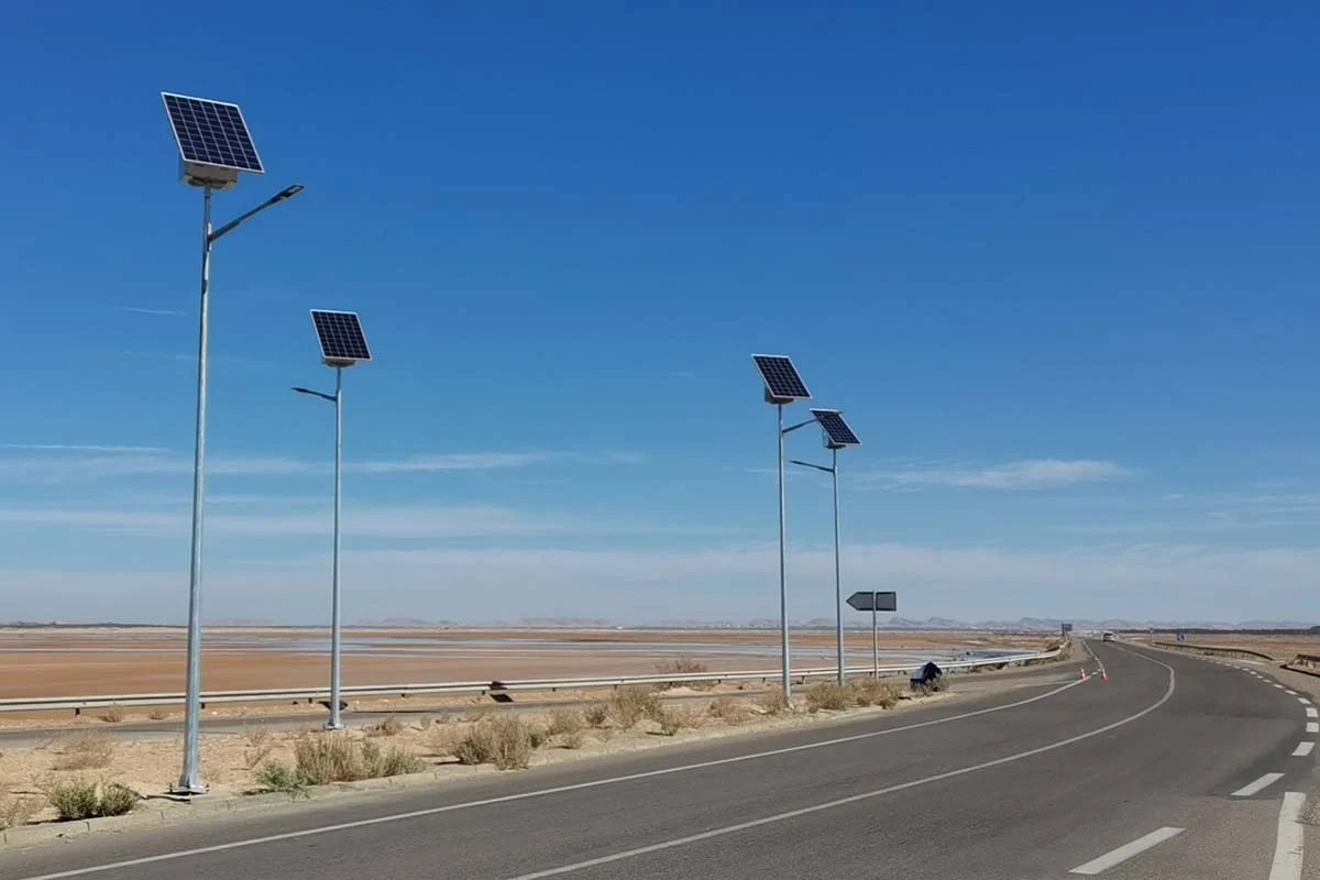 Luminarias solares LED con paneles fotovoltaicos instaladas en una carretera